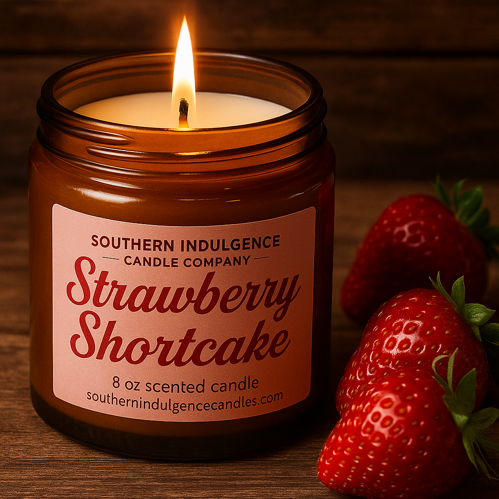 Scented candle labeled 'Strawberry Shortcake' from Southern Indulgence Candle Company with strawberries on a wooden surface.