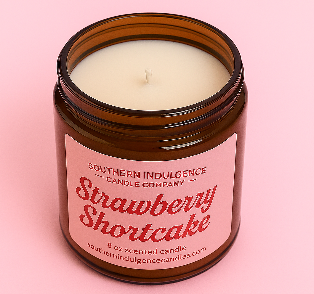 Scented candle in a brown jar with a pink label on a pink background